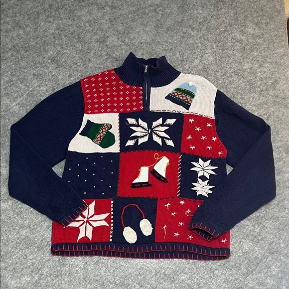 Vintage Sweaters - Vintage Winter Patchwork Sweater Quarter-Zip